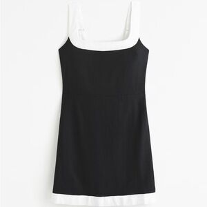 Abercrombie & Fitch Linen-Blend Wide Strap Mini Dress Black and White XXL Tall